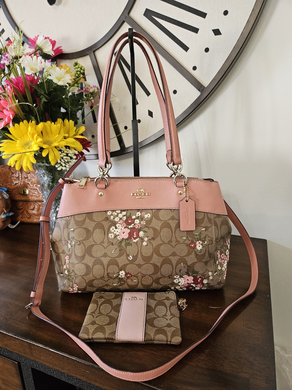 Coach Floral Signature Satchel in Pink and Brown